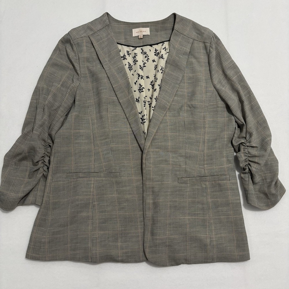 Skies Are Blue Blazer Size XL Gray Plaid 3/4 Sleeves Floral Lining Casual Office